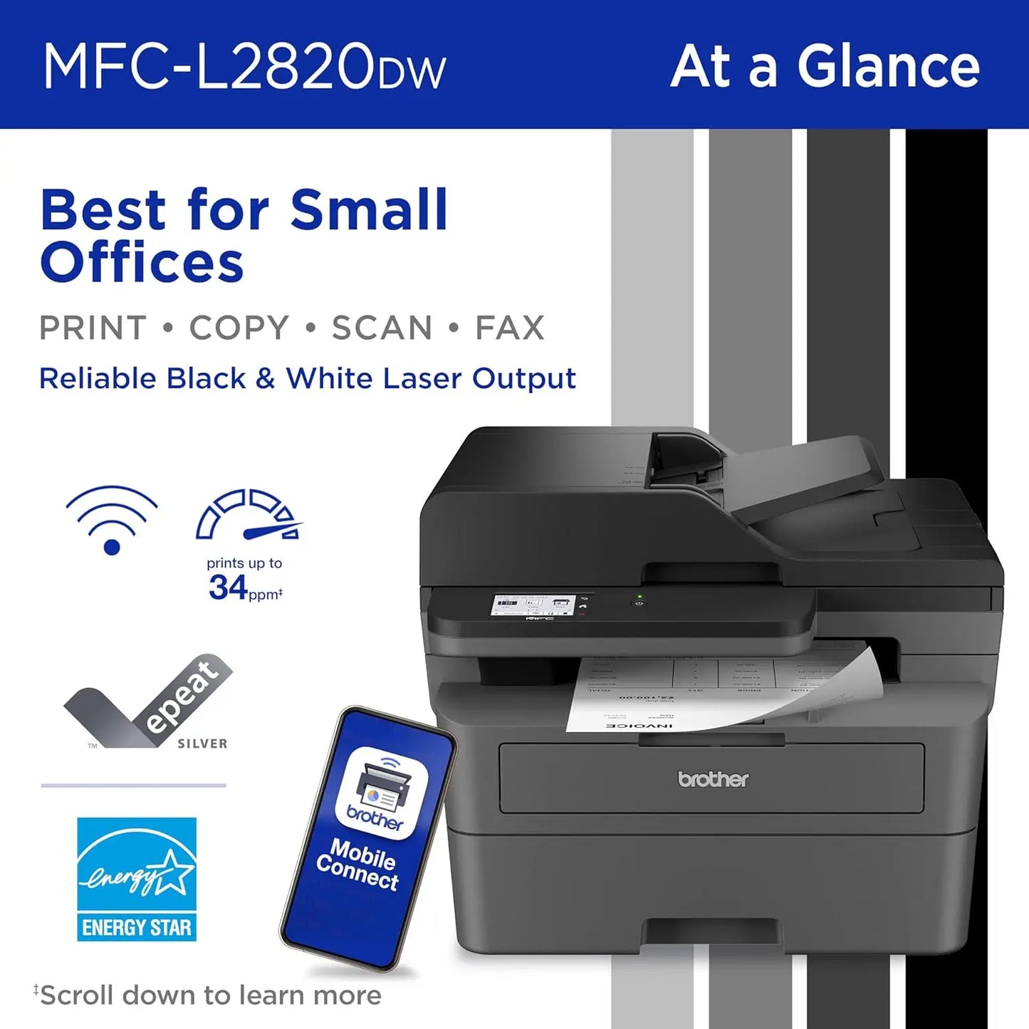 Wireless Compact Monochrome All-in-One Laser Printer with Copy, Scan and Fax, Duplex, Black & White  Includes Refresh