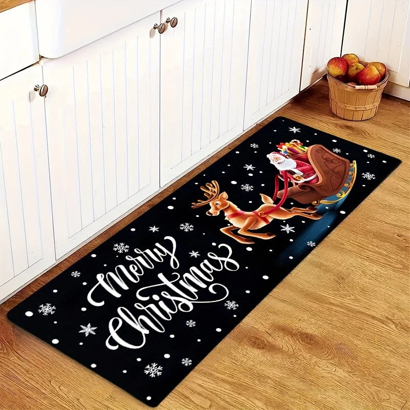 Festive Christmas Kitchen Rug Black Long Runner with Reindeer Floor Mat and Snowflakes Doormat Area Rug Design Home Decoration