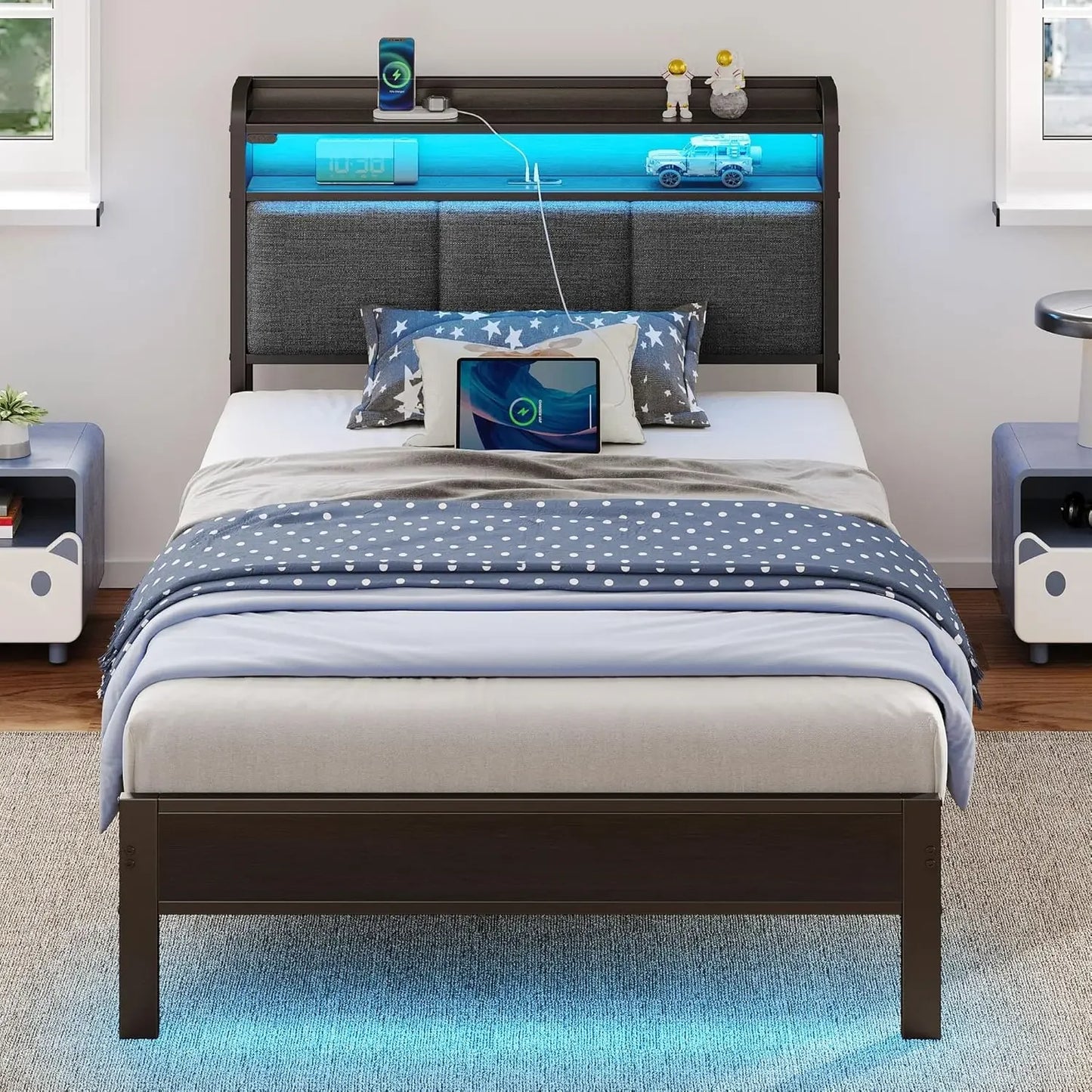 Queen Bed Frame with LED Lights, Upholstered Headboard, Charging Station, Storage Shelves, Heavy Duty Metal Slats bedstead