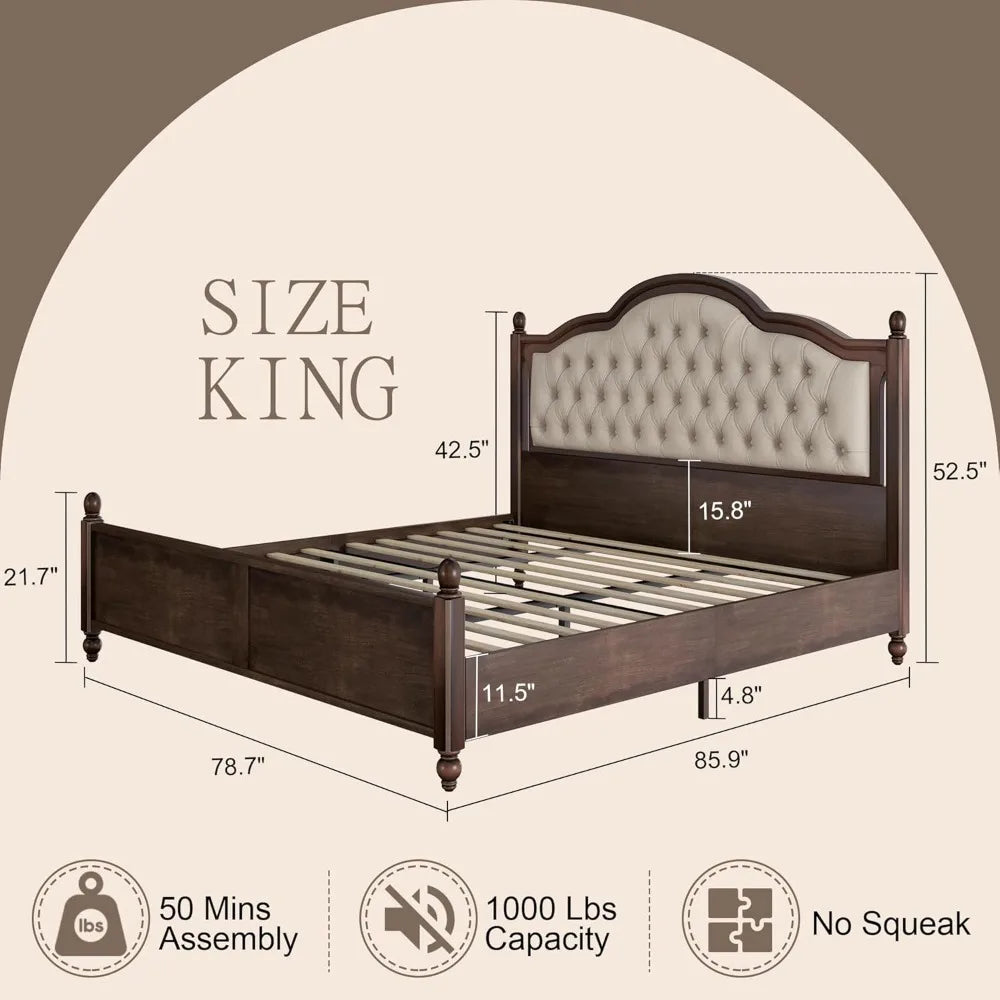 King Size Solid Wood Bed Frame, Transitional Platform Bed with 52.5" Upholstered Tufted Headboard, Rubberwood/Wood Slat Support