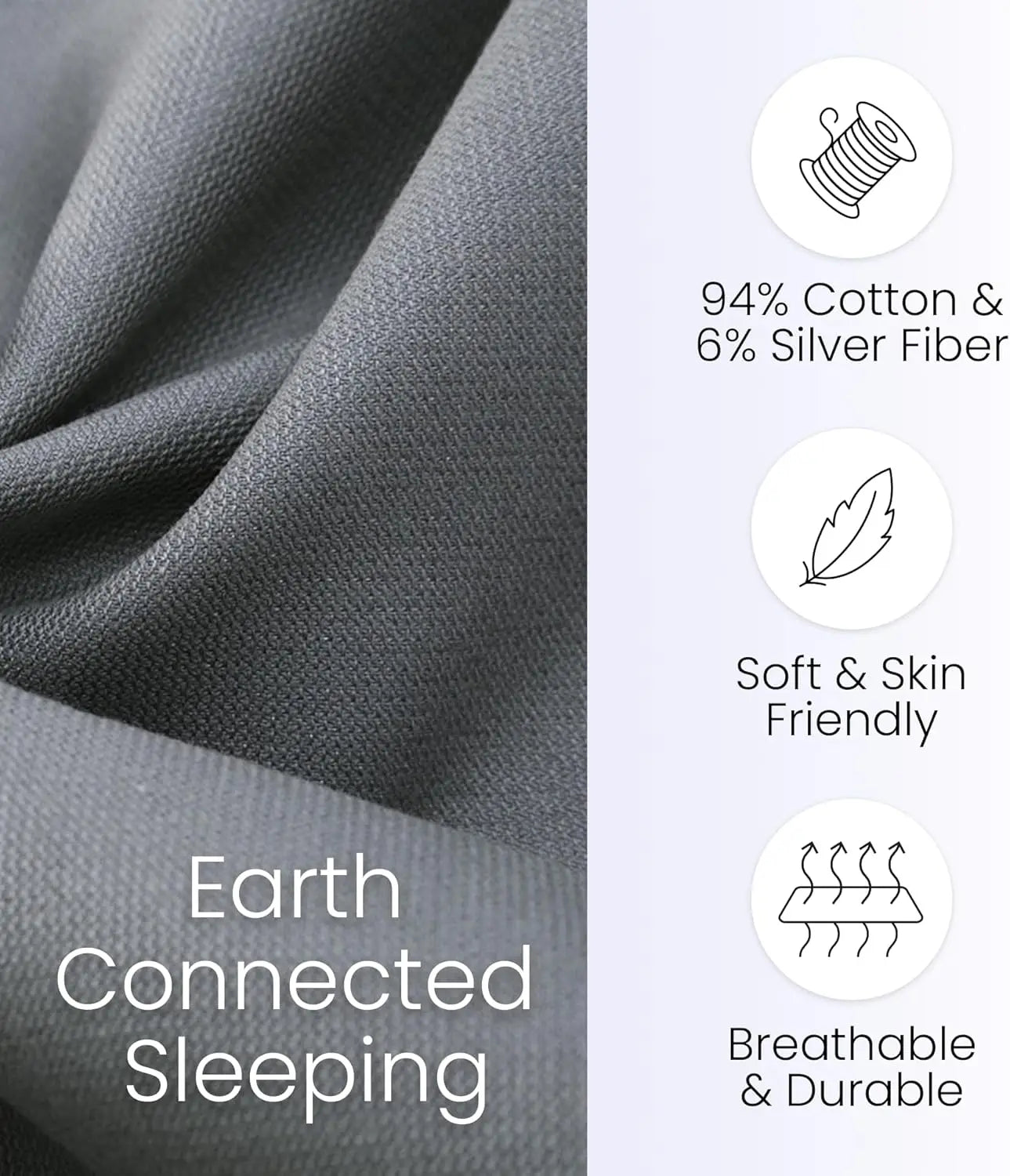 94% Organic Cotton 6% Pure Silver Fiber, Fitted Grounding Sheets for Sleep, Pain Relief. Earth(Queen 60"x 80"x 15" Gray)