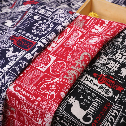 Japanese Style Newspaper Cotton Fabric Red Black Home Tablecloth DIY Handmade Cloth by Half Meter