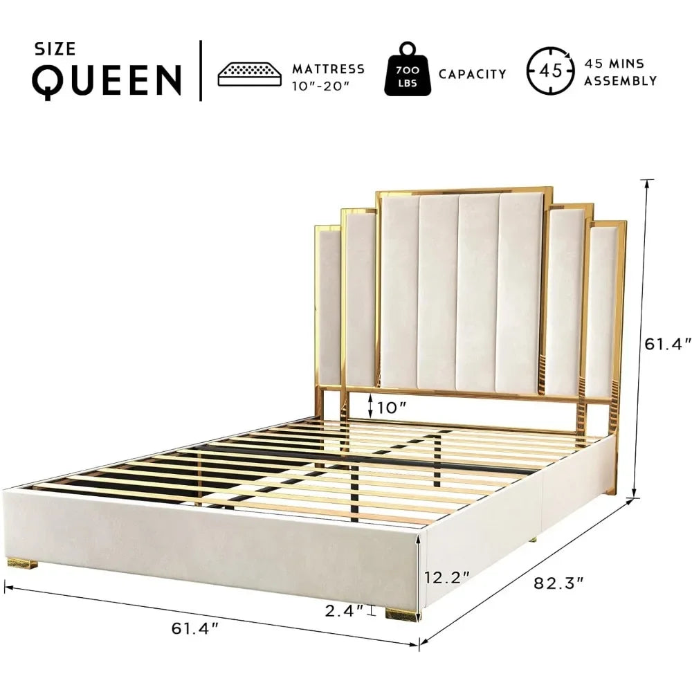 Queen Size Bed Frame and 61" Headboard, Upholstered Bed with Golden Plating Trim, Modern Platform Bed Suitable for bedroom