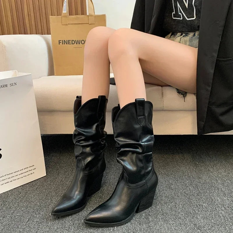 High Heels Mid Calf Pleated Boots for Women Autumn Winter Brown Pu Leather Western Boots Woman Thick Heeled Cowgirl Botas Mujer