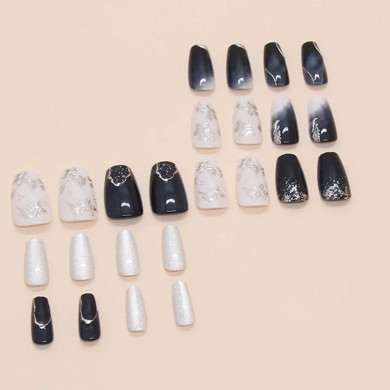 24pcs Ballerina Fake Nails Simple French Silver Cat Eyes Nail Patches False Nails Full Cover Press on Nails Detachable Nail Tips