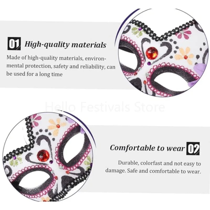 Day of The Dead Masks Masquerade Ball Halloween Cosplay Women Performance Party Accessories with Flower Ghost Mask for Men Kids