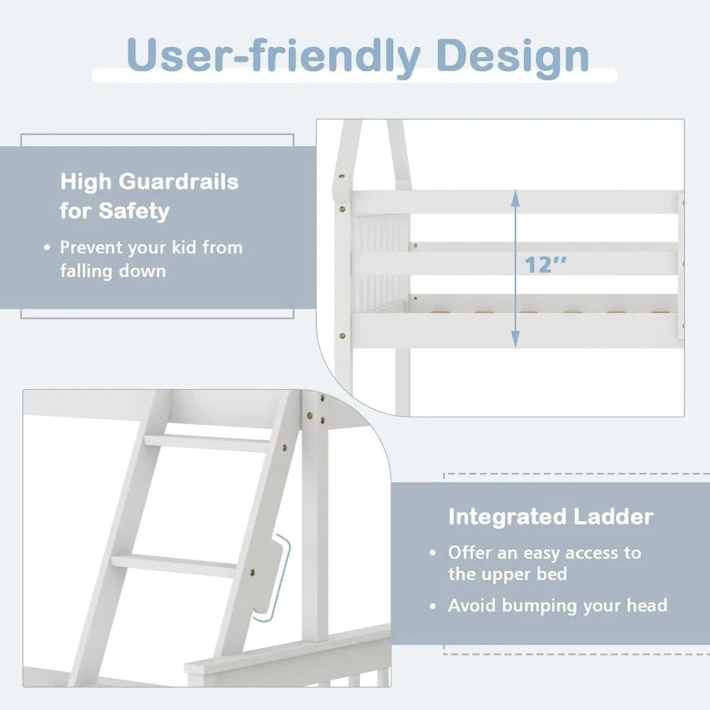 Twin Over Full Bunk Bed, Solid Wood House Bed Frame Built in Ladder & Safety Guardrails, Convertible to 2 Beds, Floor Bunk Bed