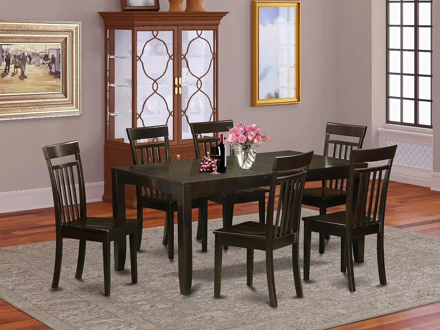 7 Piece Set Consist of a Rectangle Dining Table with Butterfly Leaf and 6 Kitchen Chairs, 36x66 Inch, Cappuccino