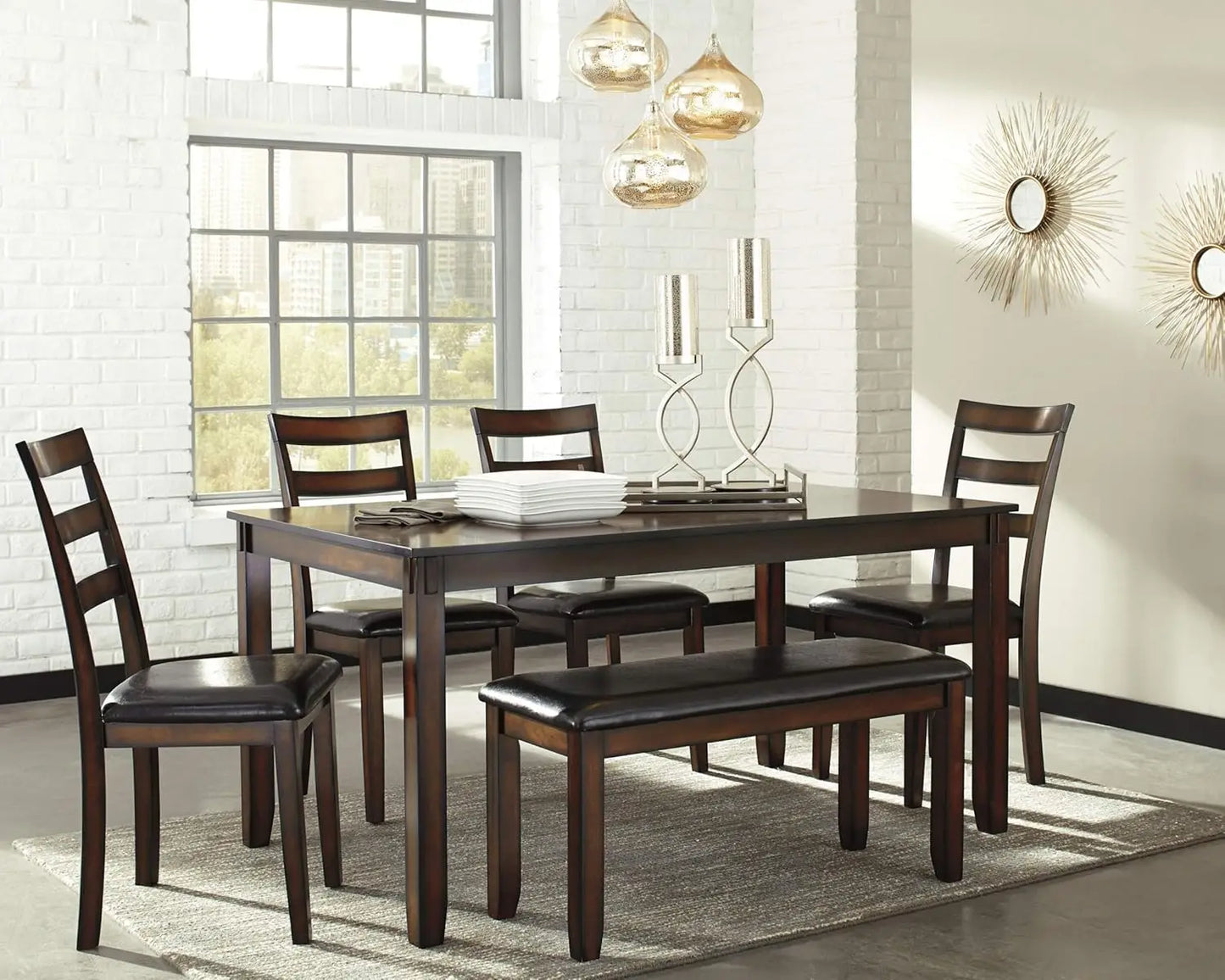 6 Piece Dining Set, Includes Table, 4 Chairs & Bench, Dark Brown