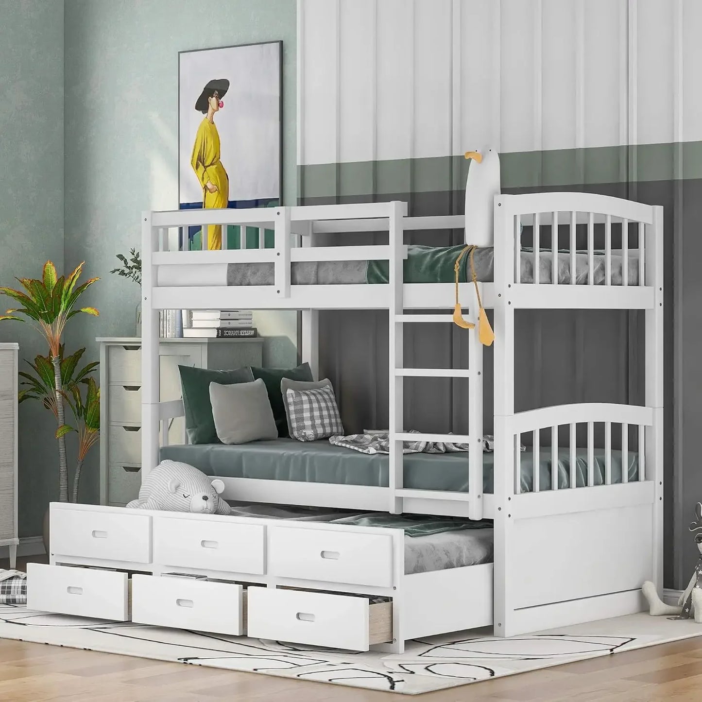 Twin Over Twin Bunk Bed with Safety Rail, Ladder, Twin Trundle Bed with 3 Drawers for Bedroom, Guest Room Furniture