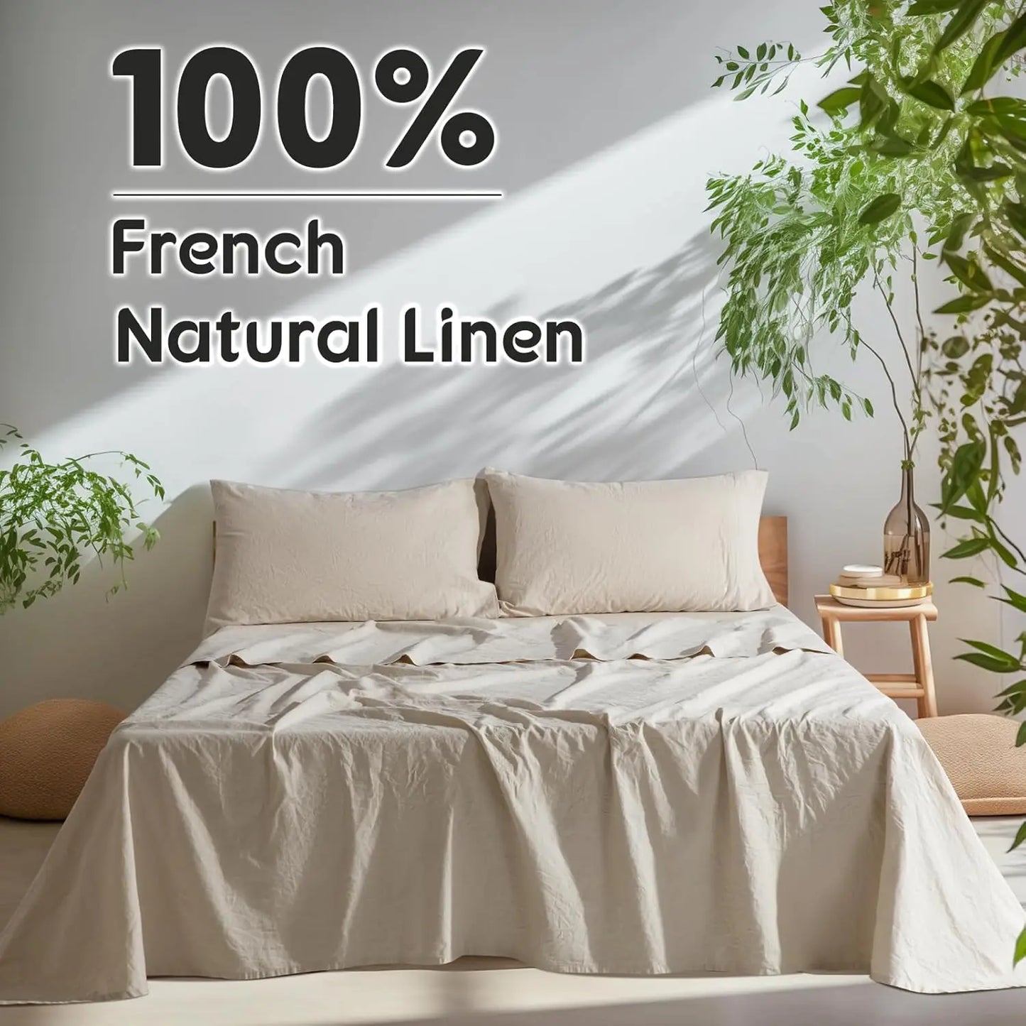 100% French Pure Linen Sheets, Breathable and Durable Line King Size Sheets, Anti-Tear Line Bed Sheets, Machine Washable