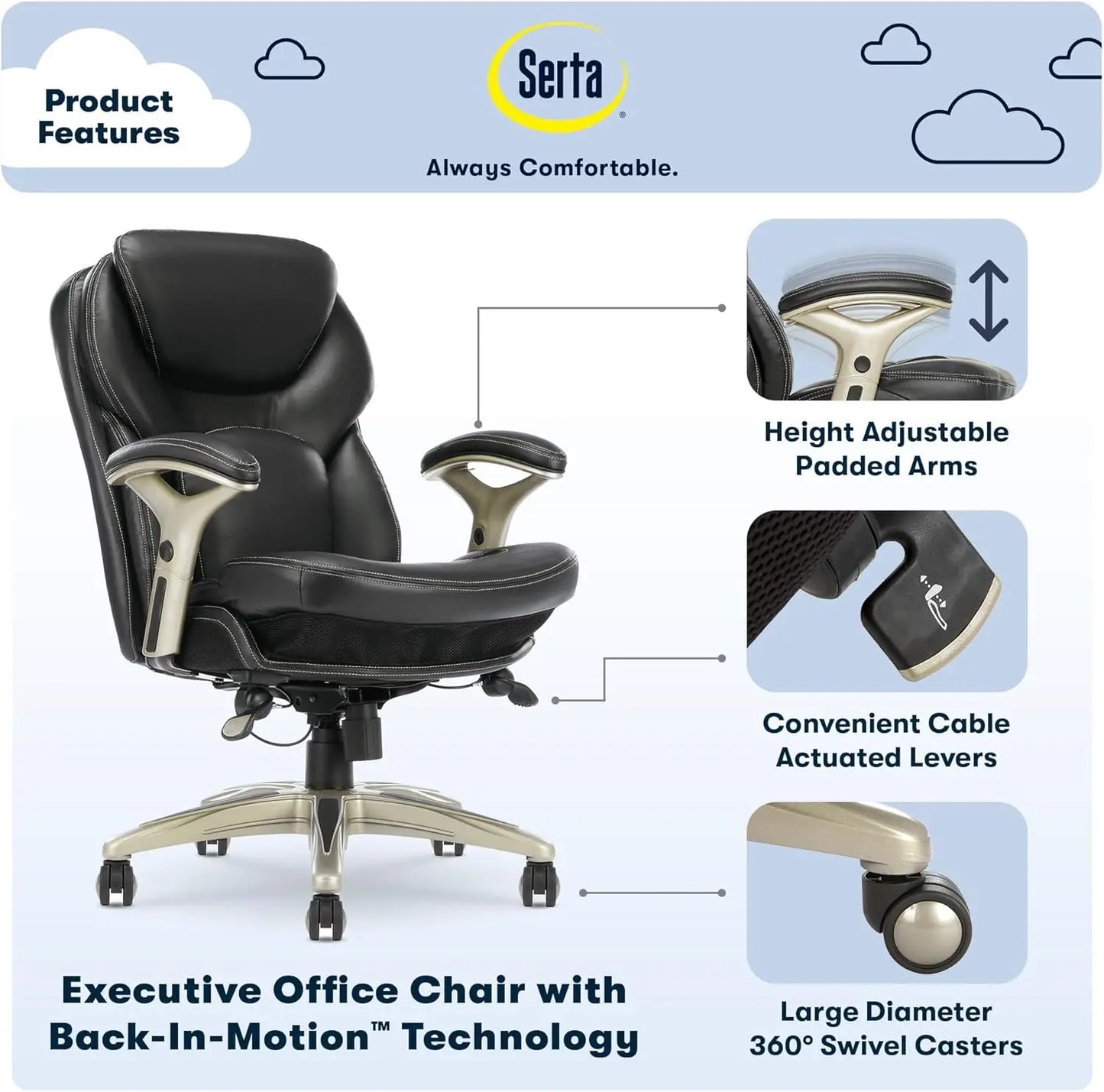 Claremont Ergonomic Executive Office Motion Technology, Adjustable Mid Back Desk Chair with Lumbar Support, Black Bonded Leather