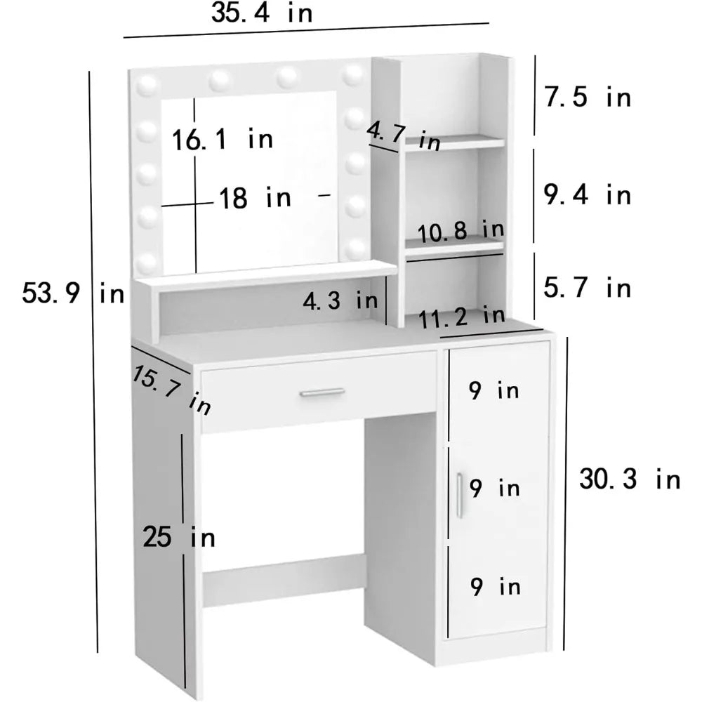 Vanity Desk with Mirror & Light, Drawer Three Level Storage , 3 Lighting Modes Adjustable Brightness, Bedroom Dressing Table