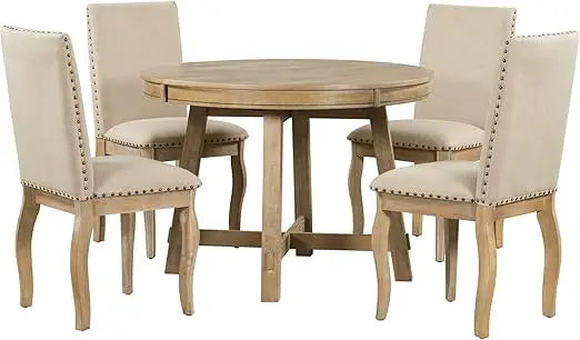 Wood Dining Furniture Set, 5 Piece Round Extendable Dinings Room Table Set with Upholstered Chairs, Dining Table and Chairs