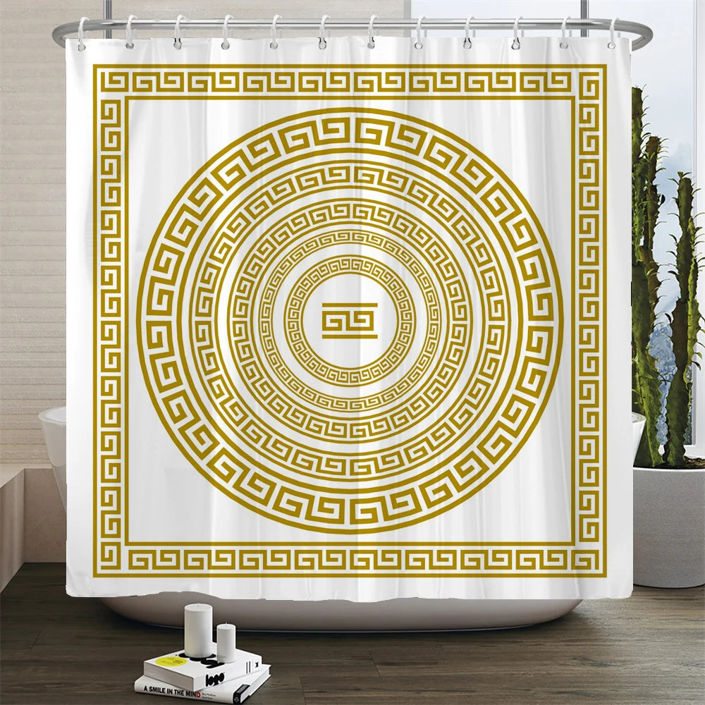 Ethnic Greek style Shower Curtains Waterpoof Bathroom Curtain  Traditional Meander Border Bath Curtain Set Bath Mats Rug Decor