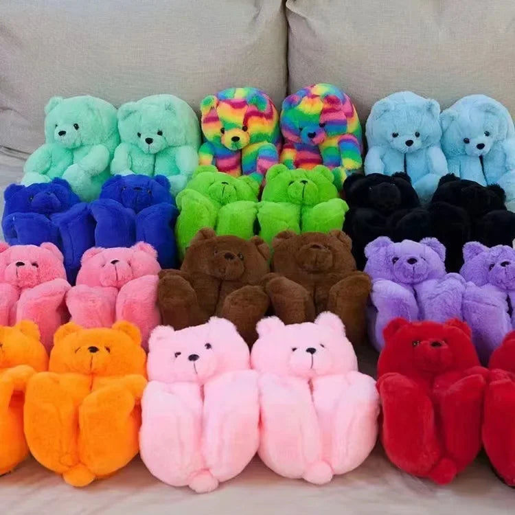 Cartoon Bear Cotton Slippers Warm Cute Teddy Bear Slippers Oversize Indoor Home Winter Plush Cotton Shoes