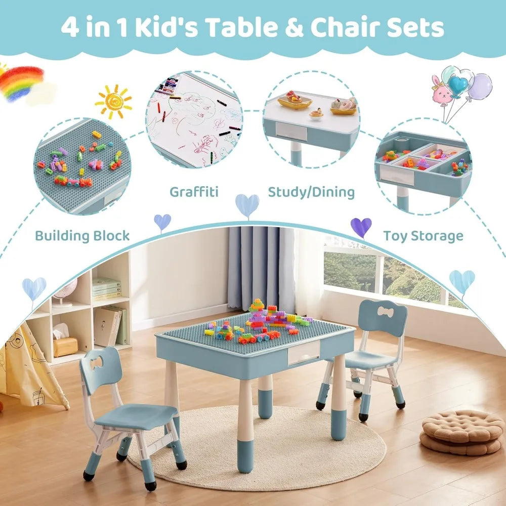 4 in 1 Kids Table and 2 Chairs Set with Storage,Toddler Table and Chair Set for Kids Ages 3-10,Graffiti & Building Blocks Double