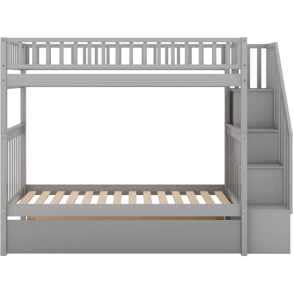 Bunk Bed, with Trundle, with Storage,Can Be Split Into 3 Separate Beds,for Kids Teens Adults ,Solid Wood Stairway Bunk Bed Frame