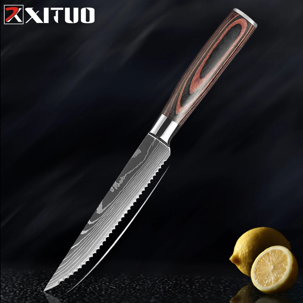 XITUO Kitchen Knife Set 1-9PCS,7Cr17Mov Stainless Steel Sharp Chef Knife Santoku Knife Fruit knife Ergonomic Pakkawood Handle