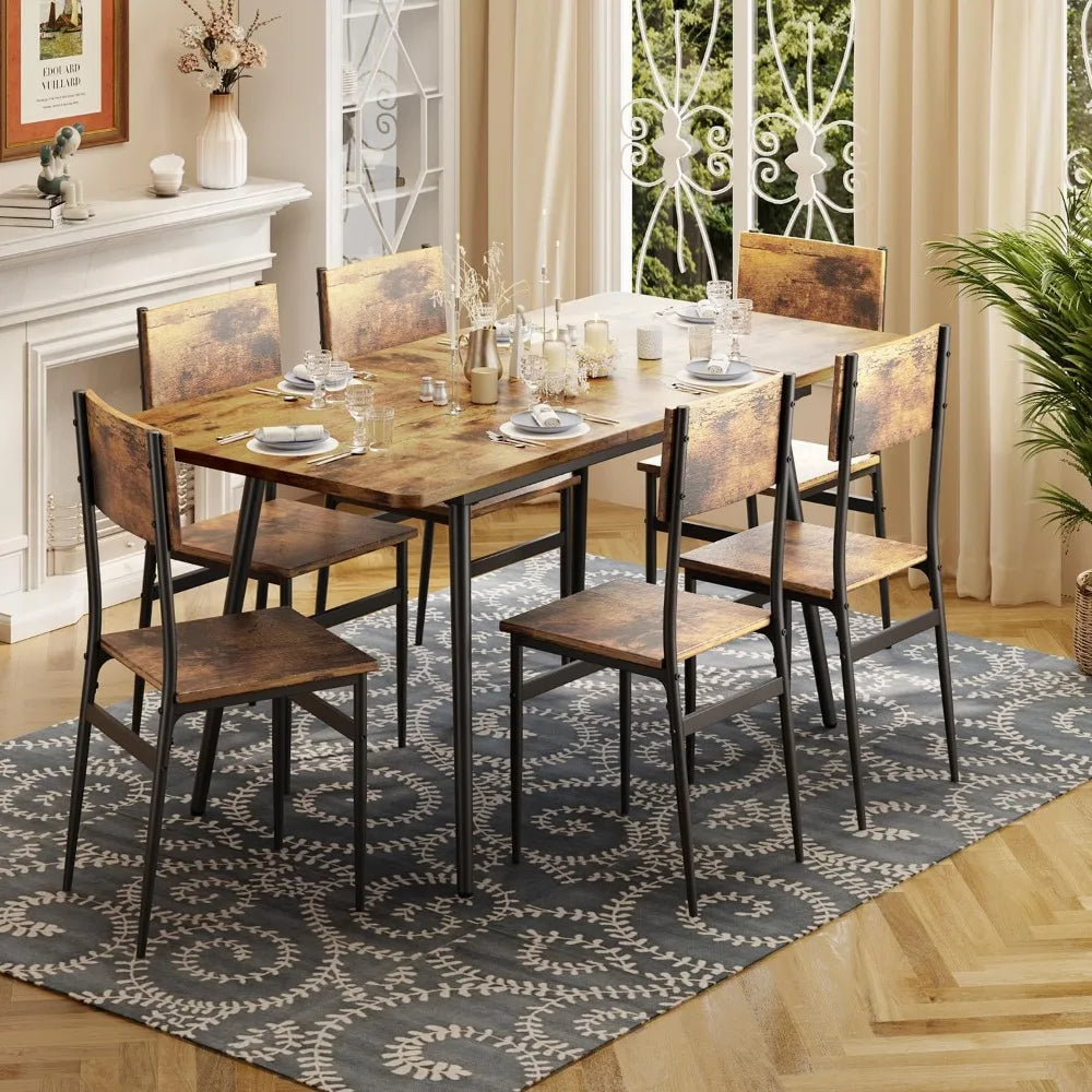 63” Extendable Dining Table Set for 4-6 People, 7-Piece Dining  Set for 6 People with 6 Chairs, MDF Wood Board Kitchen