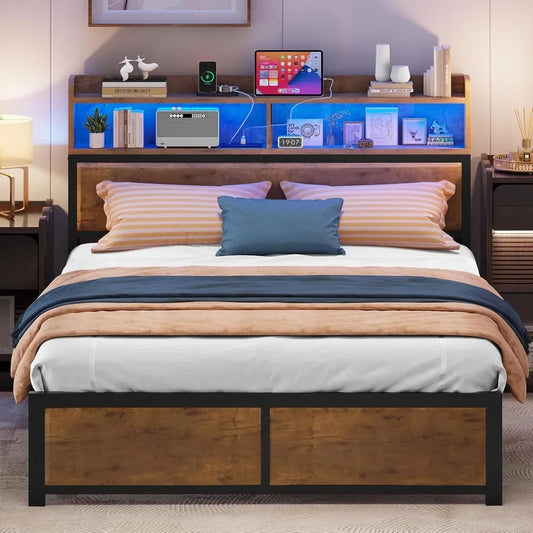 King Size Bed Frame,LED Bed Frame with Headboard,USB Port Charging Outlets,Metal Platform Bed Frame with 2 Tiers Storage Shelves