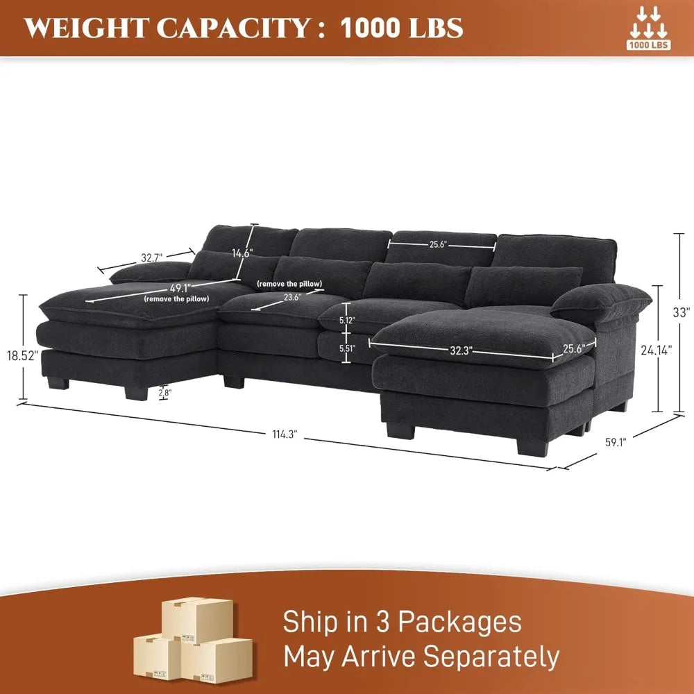 U Shape Sectional Sofa, Upholstery Comfy Modular Sofas, 4 Seat Chenille L-Shaped Sleeper Sofa,Living Room Cloud Couch