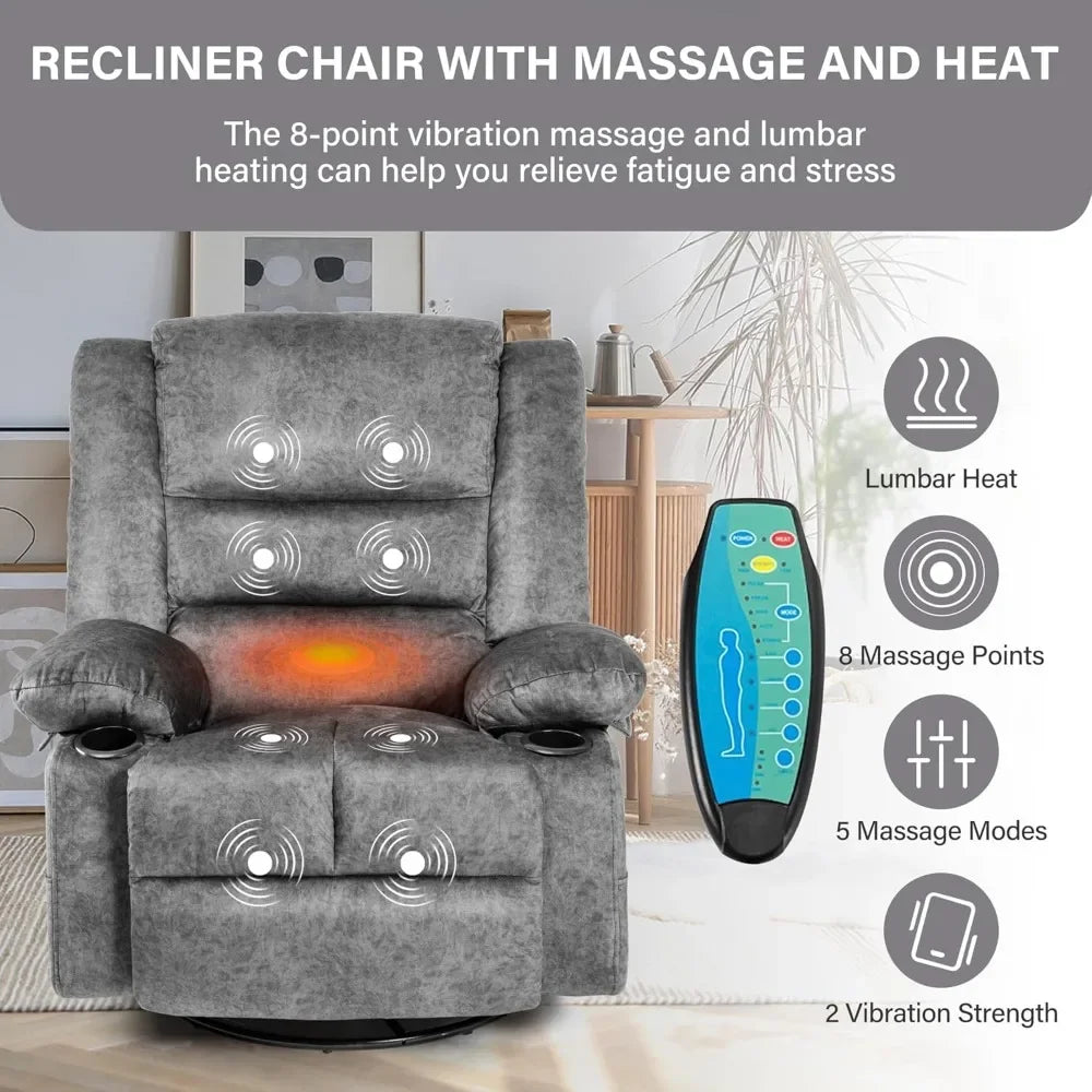 Rocker Recliner Chair for Adults with Massage and Heat, Overstuffed Glider for Nursery with Cup Holders,Grey,Living Room Chairs