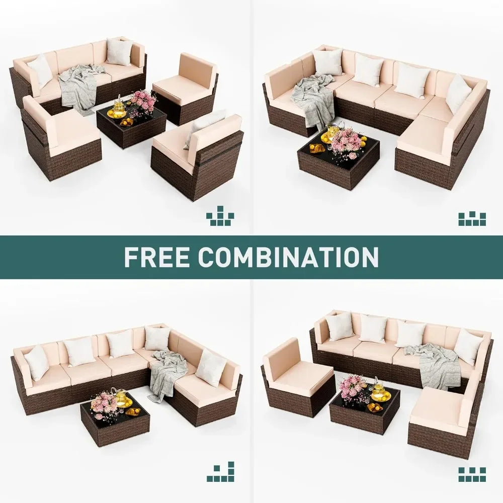 Wicker Patio Sectional Sofa, Rattan Conversation Set with Coffee Table and Washable Cushions, Outdoor Furniture Sets