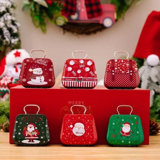 Christmas Tinplate Candy Box Mini Handbag Shape Gift Tin Box Kids Sweets Packaging Boxes Xmas Happy New Year Party Supplies