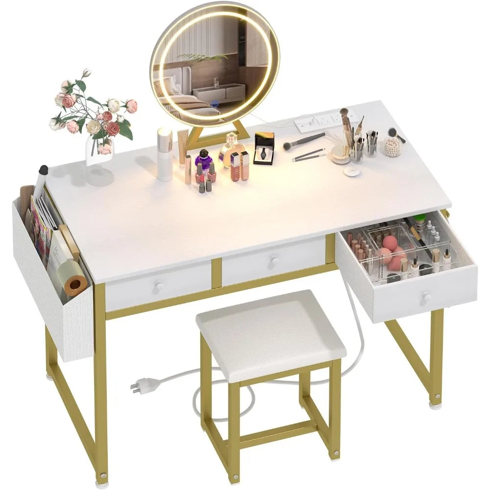 White Makeup Vanity Desk with Mirror and Lights, 40 inch Make Up Vanity Desks with Fabric Drawers & Charging Station,for Bedroom