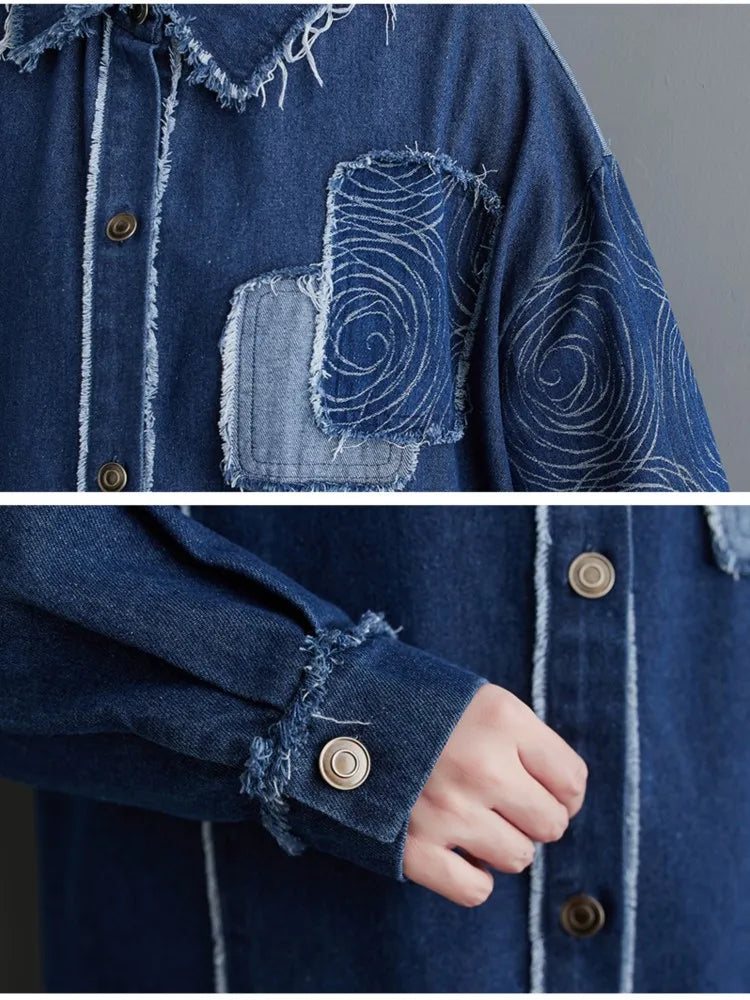 Oversized Denim Trench Autumn Winter Long Coat Women Irregular Modis Print Patchwork Ladies Jackets Loose Woman Jacket Coat 2023