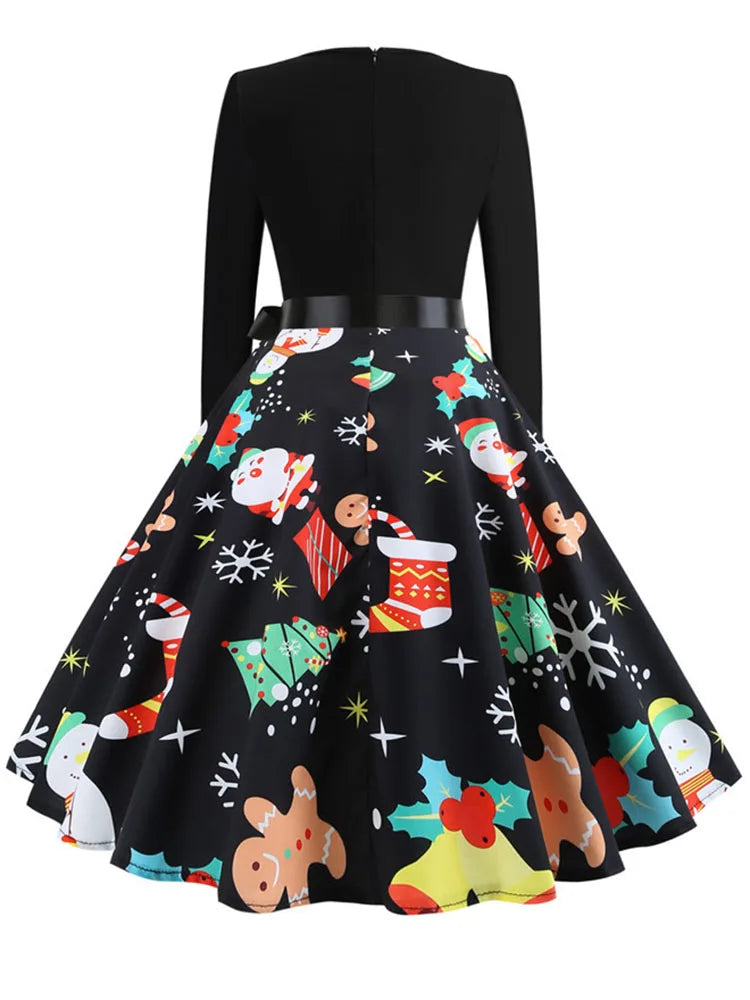 Winter Christmas Dresses Women 50S 60S Vintage Robe Swing Pinup Elegant Party Dress Long Sleeve Casual Print Black