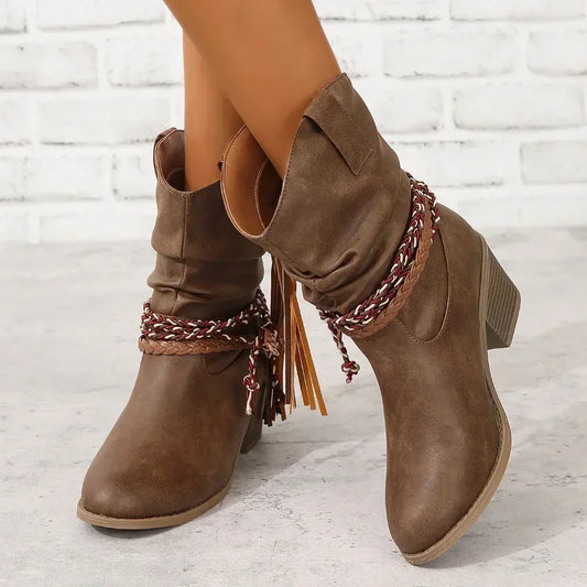 Women Vintage Brown Western Cowboy Boots Autumn Winter  Tassel PU Leather Ankle Booties Ladies Pleated High-heeled Mid-calf Boot