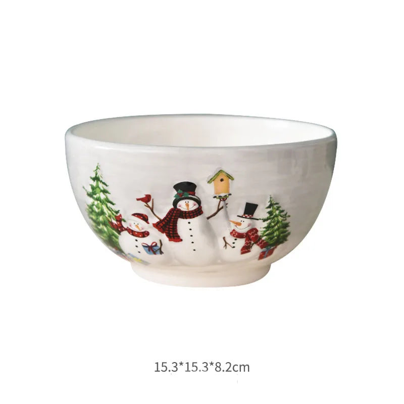 Nordic Style Rural Christmas Snowman Bowls Plates Tableware Relief Rice Salad Bowls Western Style Ceramic Flat Plate Bowl ZE07