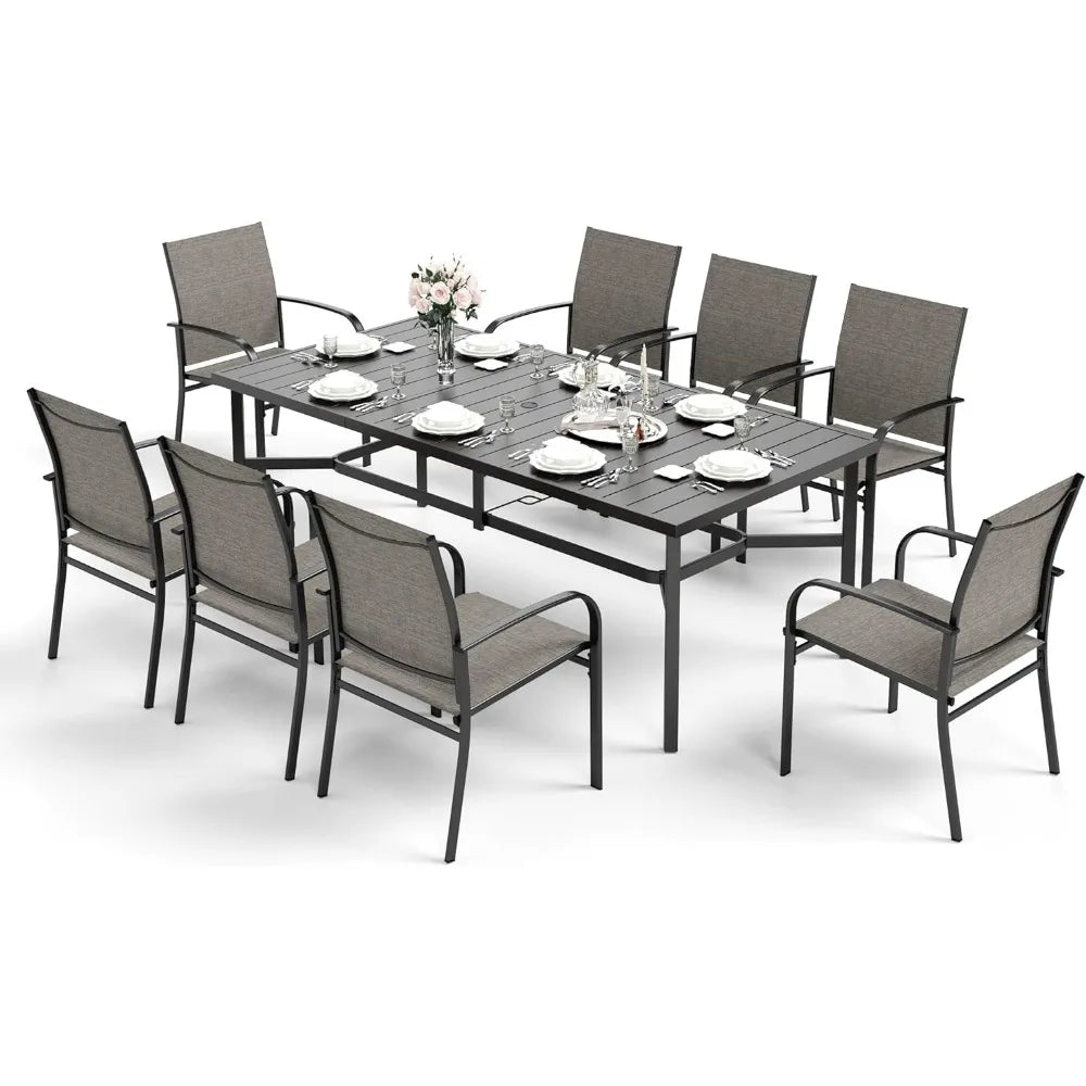 9 Pieces Patio Dining Set, 8 X Brown Textilene Patio Chairs and 1 X 83 Large Rectangle Dining Table, Outdoor Furniture Sets