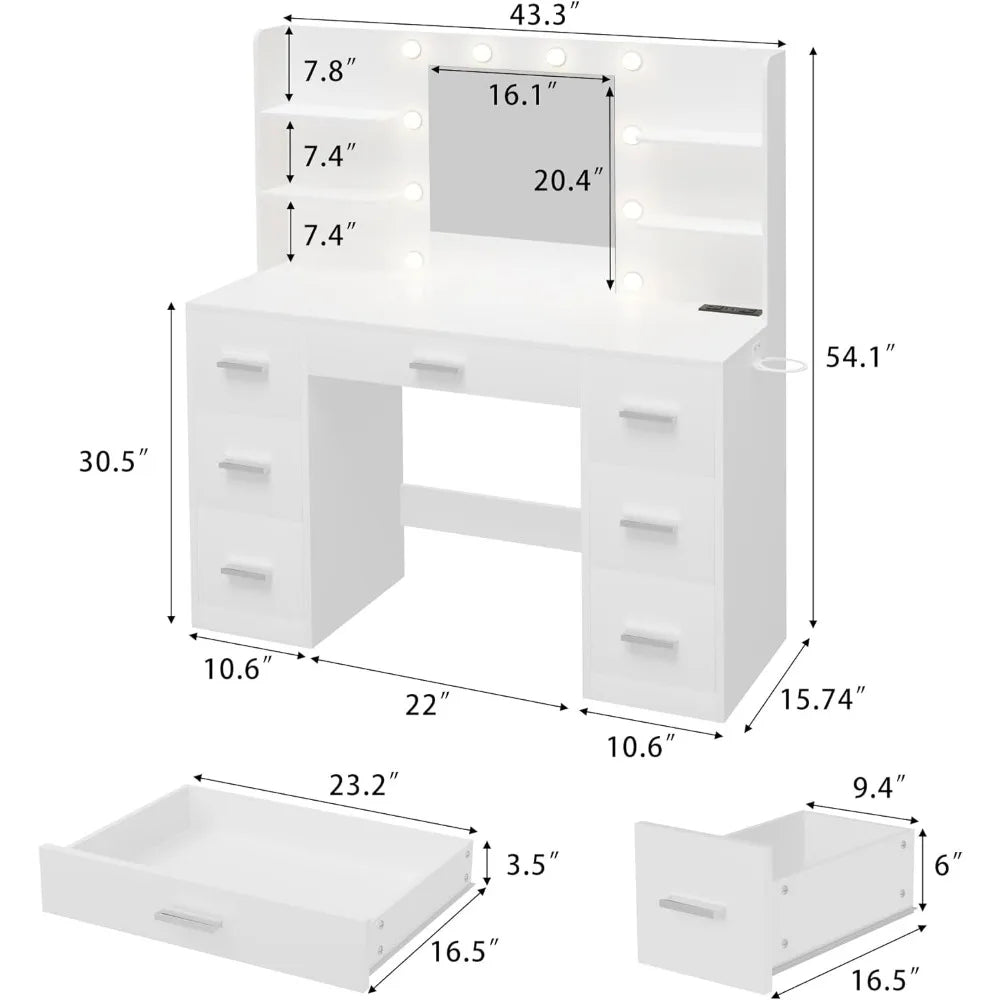 Vanity Desk with Mirror, LED Lights and Power Outlet with 7 Drawers and 6 Storage Shelves Dressing Table for Dressing Room