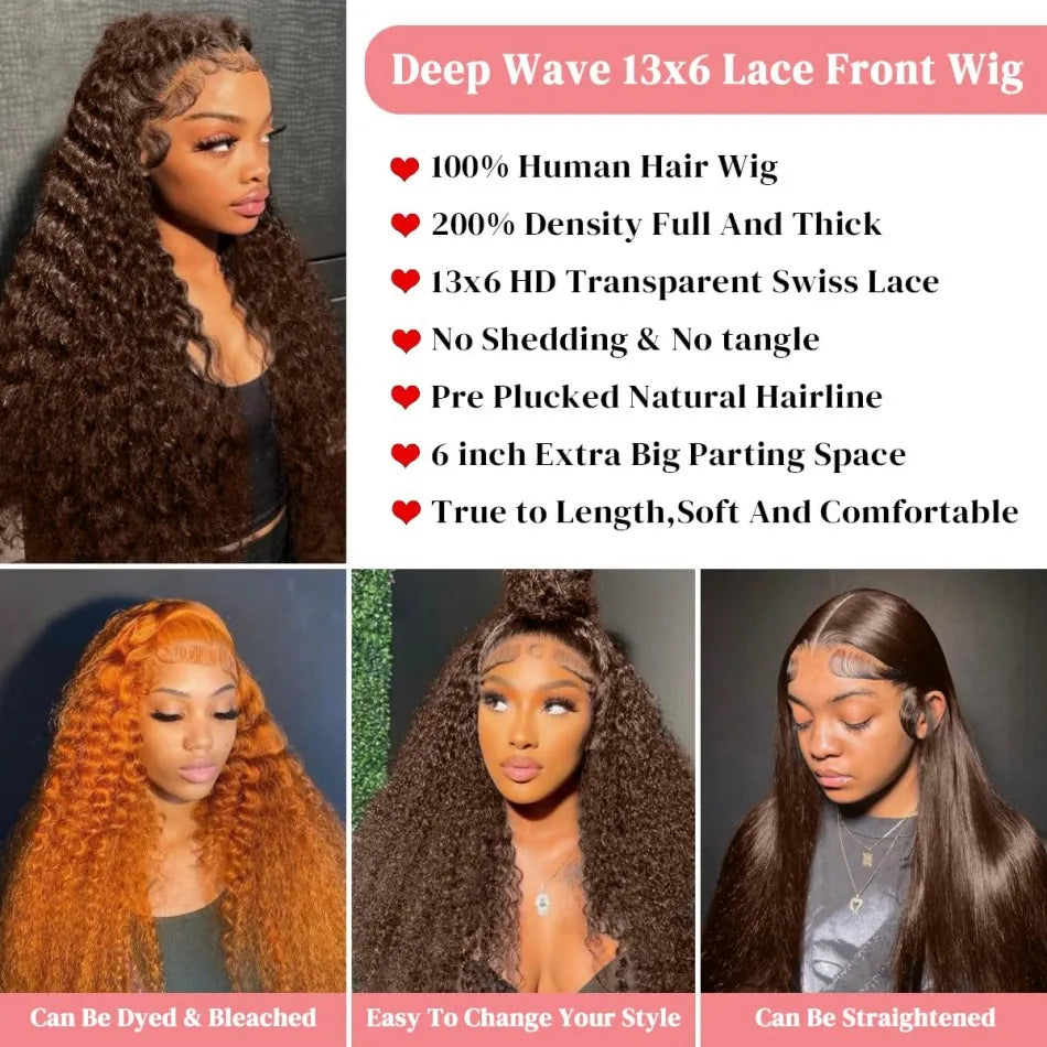 Chocolate Brown Lace Front Wig deep wave 13x6 Hd Lace Frontal Wig 250 Density Human Hair Wigs Colored Brazilian Hair for Women