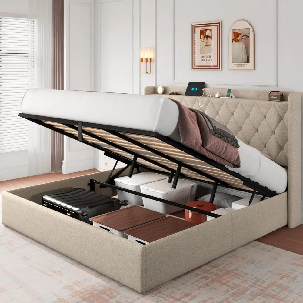 Hydraulic Storage Queen Bed No Box Spring Needed Bunk Beds Upholstered Platform Bed Frame With Tufted Headboard Noise-Free Beige