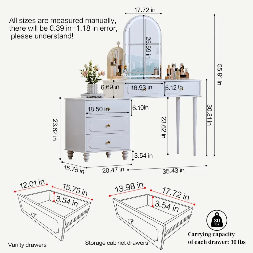 Vanity Desk with Mirror and Lights,Makeup Vanity with Power Outlet and Adjustable Cabinet,Modern Makeup Table with 3 Drawers