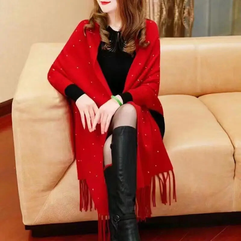 4 Colors Soild Cloak Oversize Beading Crystal Winter Knitted Shawl Poncho Out Wear Coat Gift For Women Shinny Long Sleeves Cape