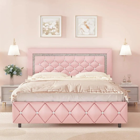 Queen Bed Frame Upholstered Bed Frame with Diamond Tufted Headboard, Faux Leather Headboard & Footboard, Wooden Slats Support