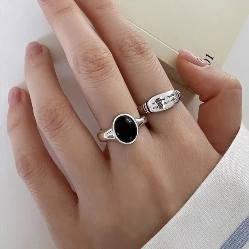 925 Sterling Silver Black Stone Letters Rings for Women Fashion Geometric Vintage Handmade Irregular  Ring Party Gifts