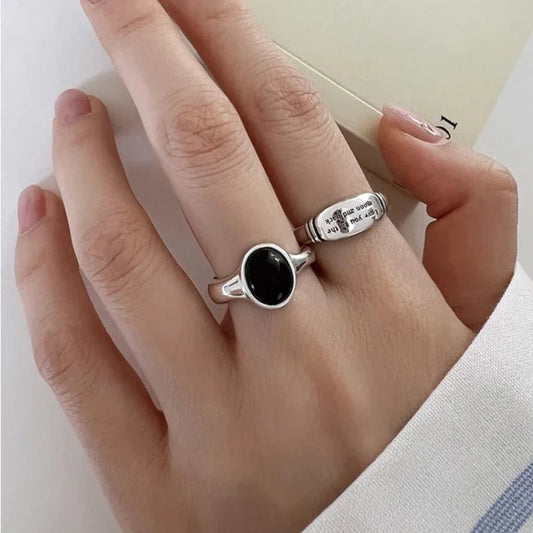 925 Sterling Silber Schwarz Stein Buchstaben Ringe für Frauen Mode Geometrische Vintage Handgemachte Unregelmäßige Ring Party Geschenke