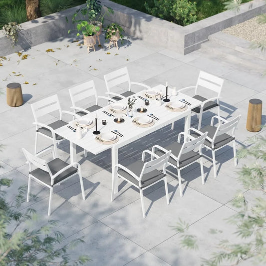 9-Piece Outdoor Patio Dining Set,8 Stackable Chairs with Gray Removable Cushions,Aluminum Expandable Outdoor Dining Table Set