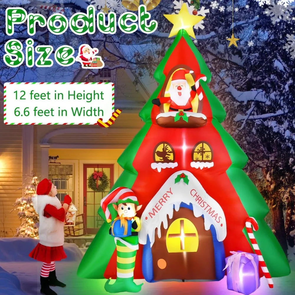 10FT Inflatable Christmas Tree & Santa Claus House Decoration, Christmas Blow up Santa Decoration with Lights for Outdoor Indoor