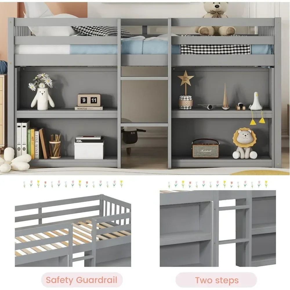 Twin Size Low Loft Bed with Storage Shelves, Wood Kids Twin Loft Bed with LED Light and Shelves, Low Loft Bed for Kids