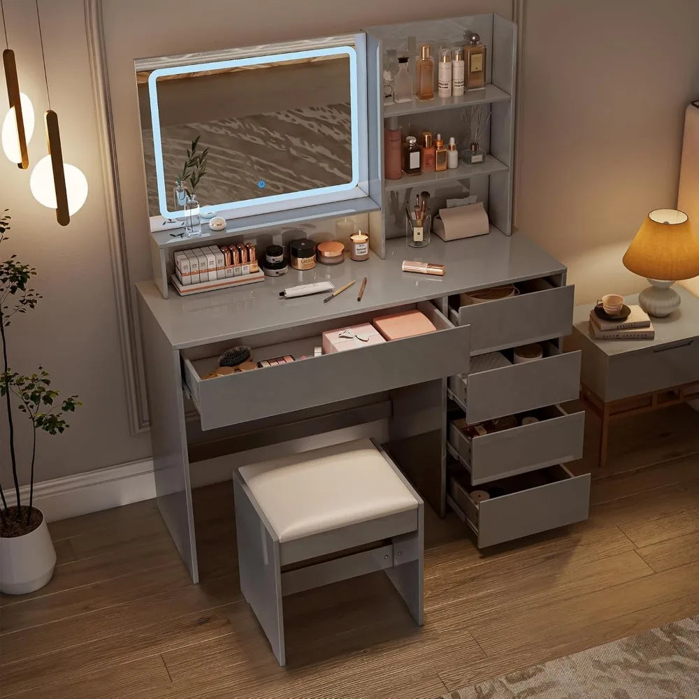 Vanity Desk with Lighted Mirror, Makeup Vanity Table Set with Multiple Drawers & Tiers, 3 Color Modes Mirror, Makeup Cabinet