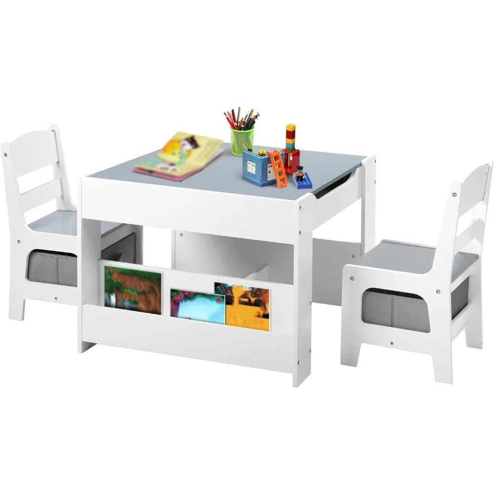 Kids Wood Table & 2 Chairs Set, 4 in 1 Children Activity Table w/Double Bookcase, Blackboard, Toddler Furniture Set for Art,