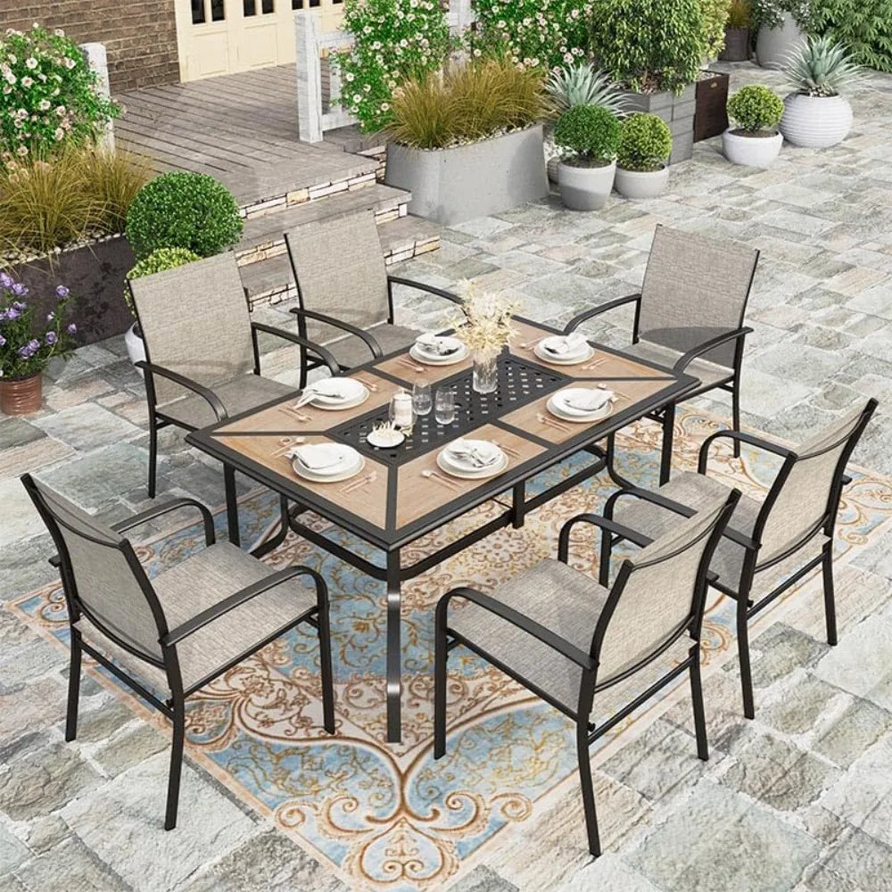 Patio Table and Chairs Set, Rectangular Outdoor PVC Metal Table with Umbrella Hole, 7 Pieces Outdoor Dining Sets