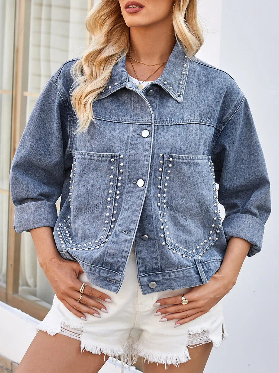 Women s Classic Blue Denim Jacket with Flap Pockets and Button Closure Stylish Turn Down Collar and Long Sleeves Perfect for